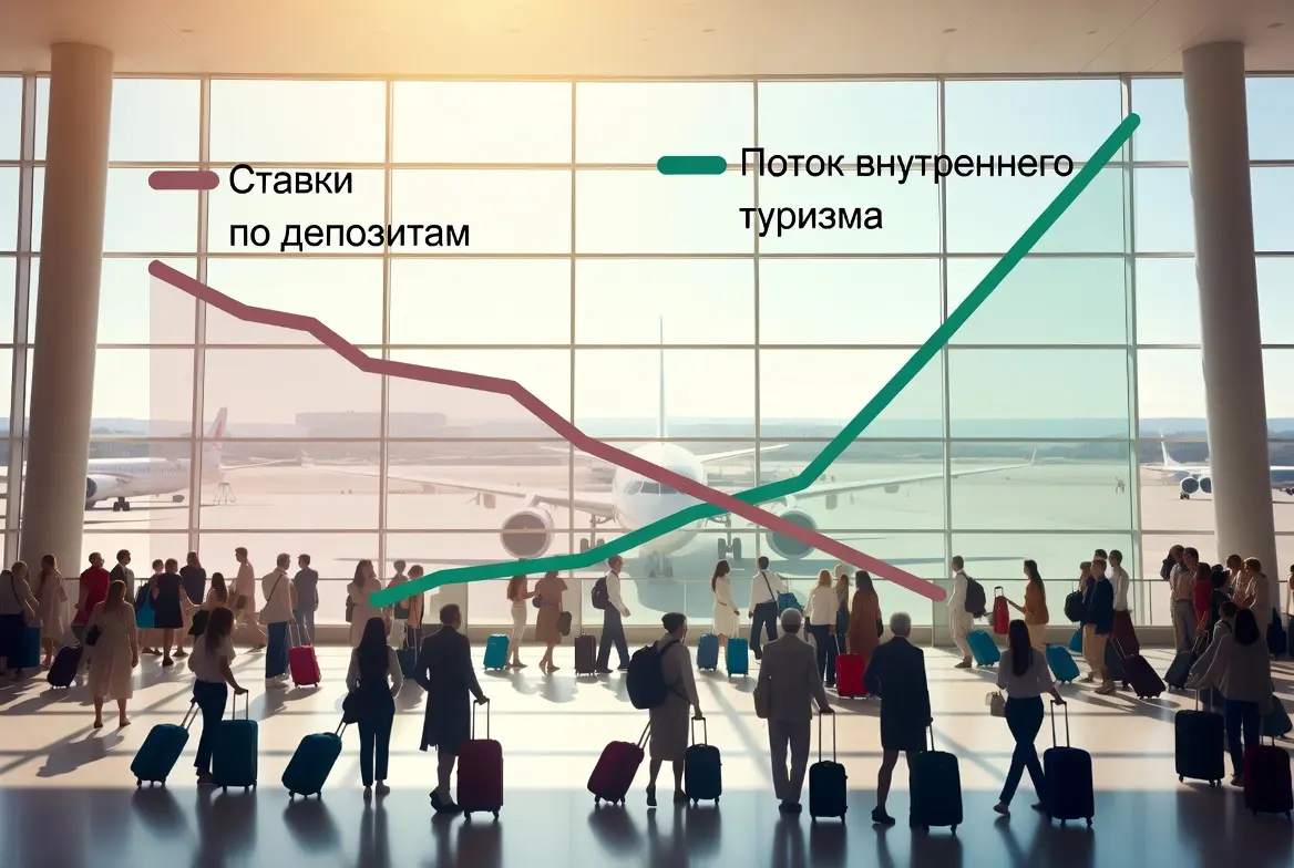 Пассажиры с чемоданами в аэропорту на фоне графика ставок по депозитам и внутреннего туризма