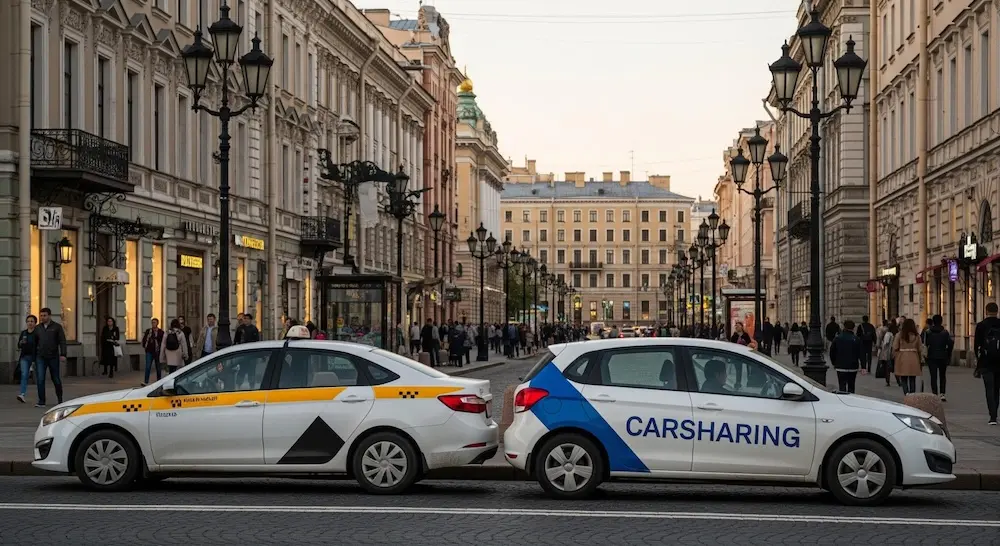Два автомобиля на дороге: такси и каршеринг