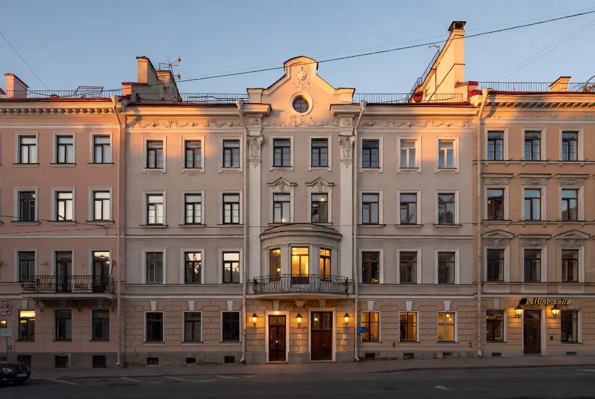 Фасад неоклассического дома центре Санкт-Петербурга на закате