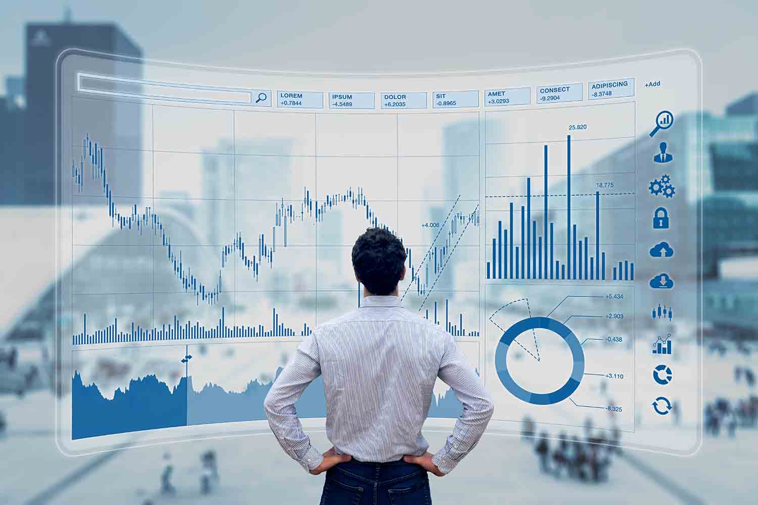 Финансовый менеджер анализирует показатели фондового рынка для лучшей инвестиционной стратегии, финансовых данных и графиков с бизнес-зданиями в фоновом режиме