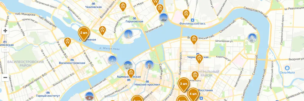 Карта сети апартов и отелей Сокрома в Петербурге