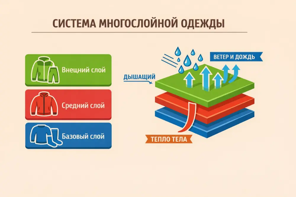 Инфографика системы слоёв для одежды на открытом воздухе зимой