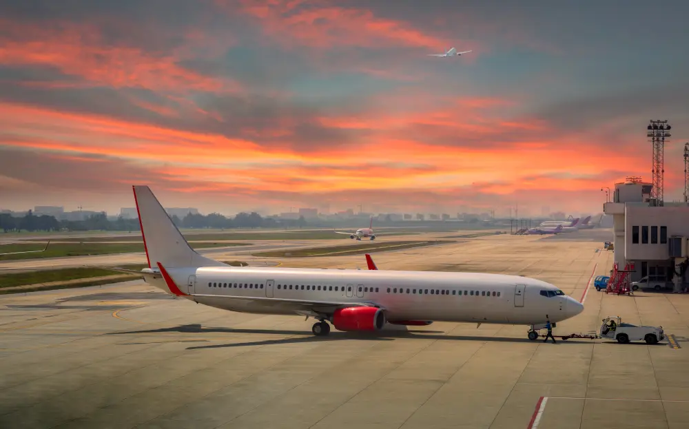 Самолет в аэропорту на фоне заката