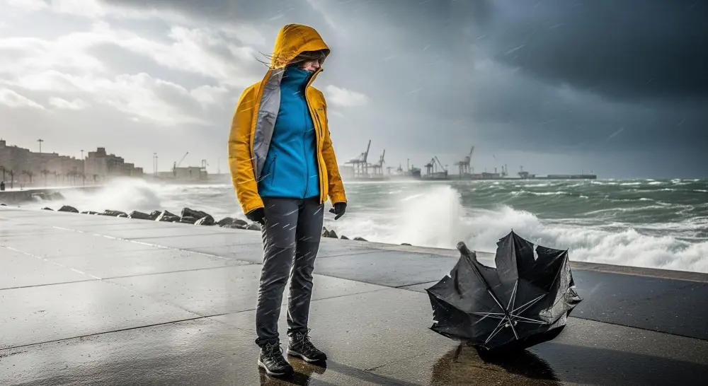 Женщина на набережной Новороссийска в зимней экипировке с разорванным зонтом во время Боры